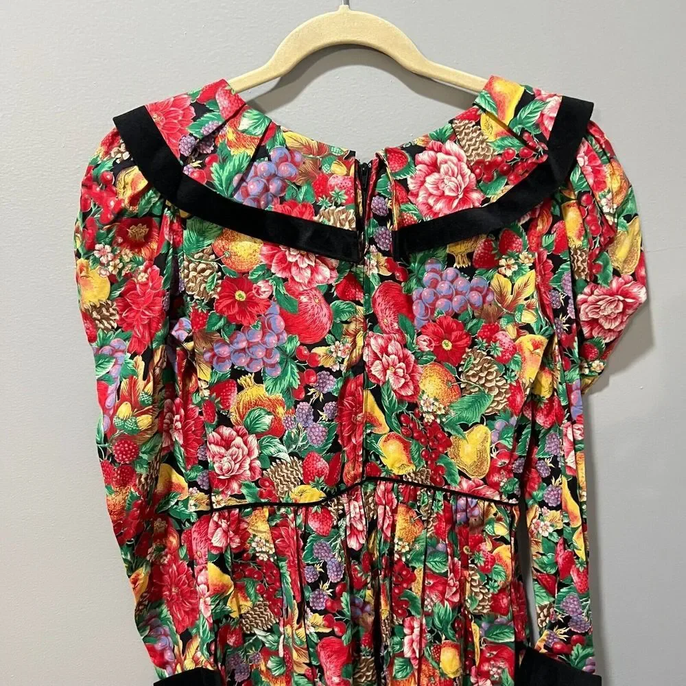 Vtg Picture Me Womens Multicolor Fruit Floral Lace Collar Dress M/L Long Sleeve - Picture 13 of 15